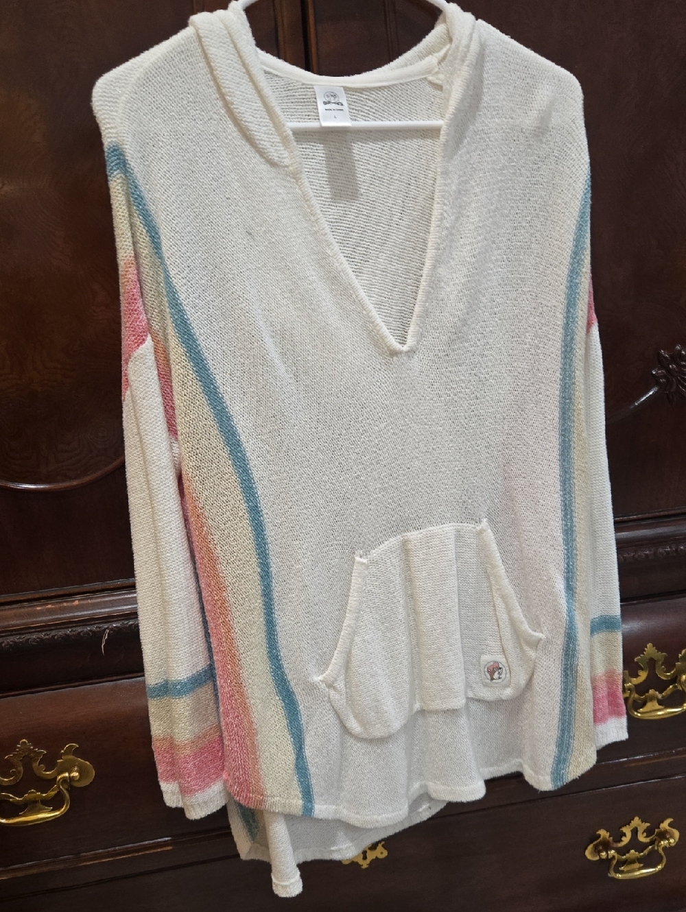 Cream Hooded Knit Pullover with Rainbow Stripe Accents